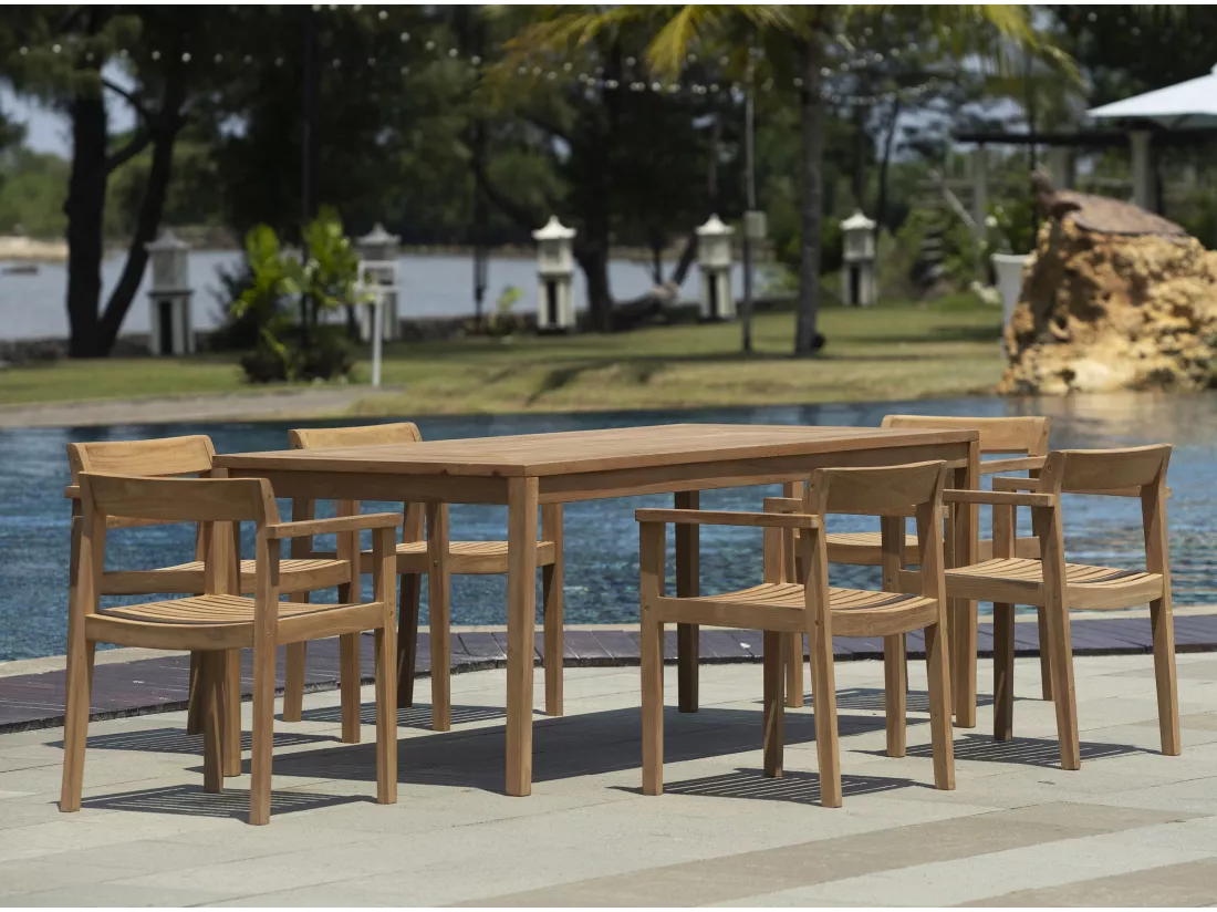 Salle à manger de jardin en teck : 1 table L.200 cm + 6 fauteuils - Naturel clair - ALLENDE de MYLIA
