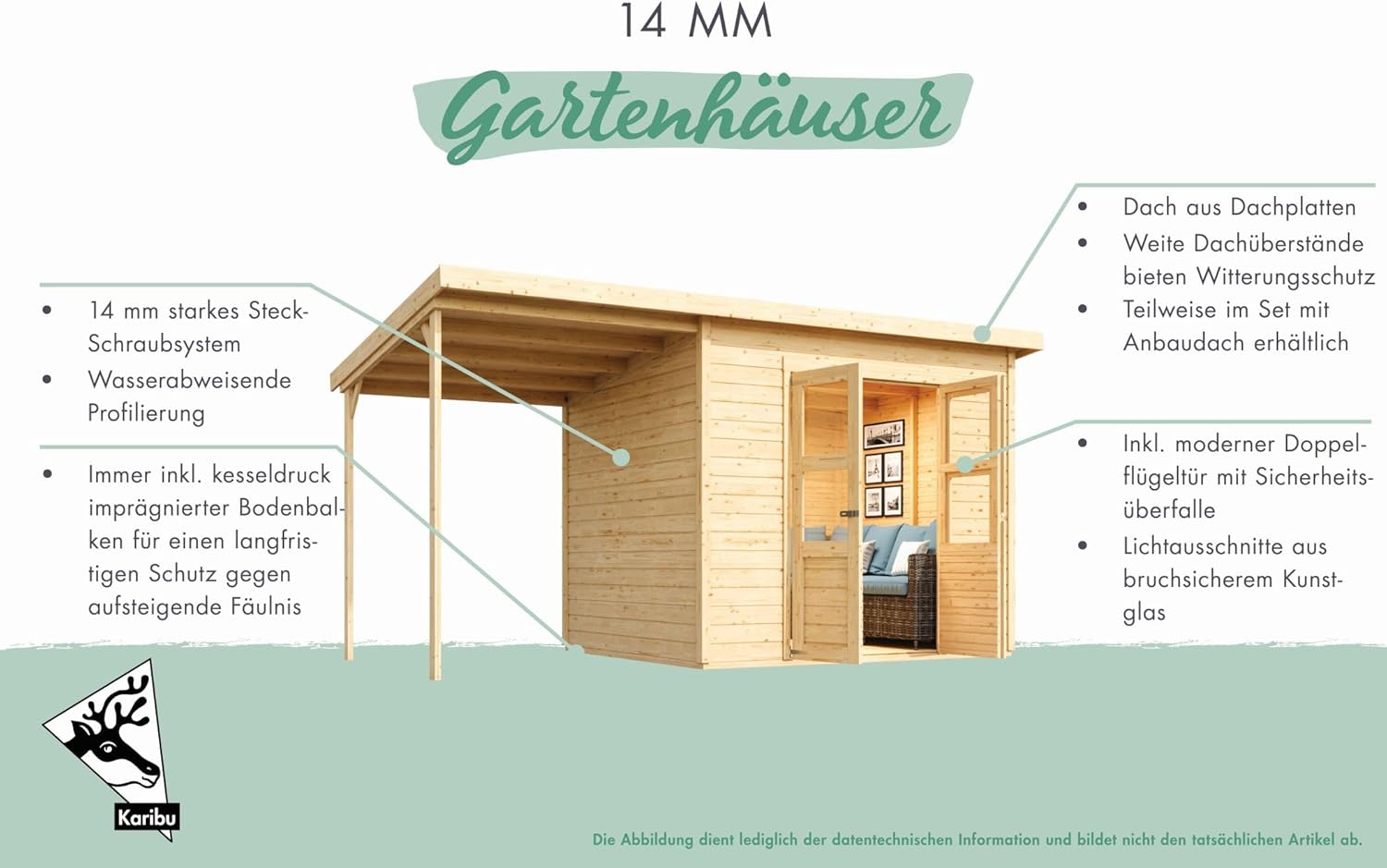Karibu Gartenhaus Kano in 4 Größen optional mit Anbaudach, nordische Fichte, 14 mm Wandstärke, Pultdach mit Dachplatte, vorvergraut, lichtdurchflutet & wetterfest (Größe M)