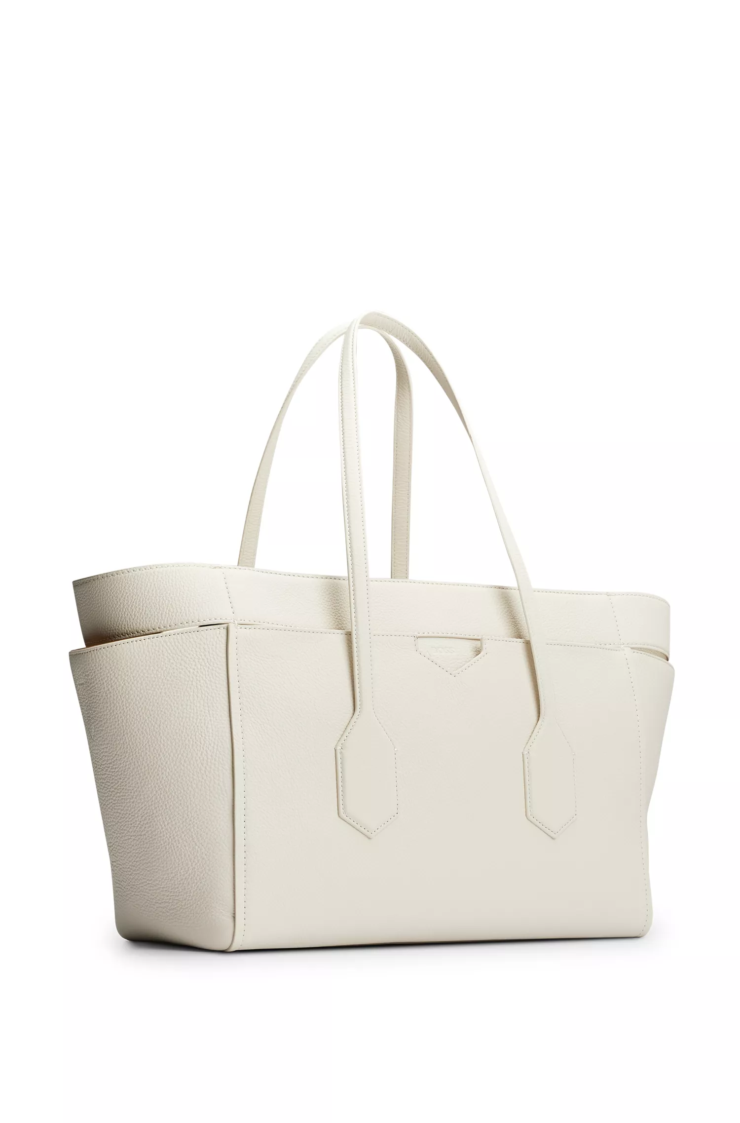 Bolsa tote preta BOSS em couro granulado com logotipo em relevo.