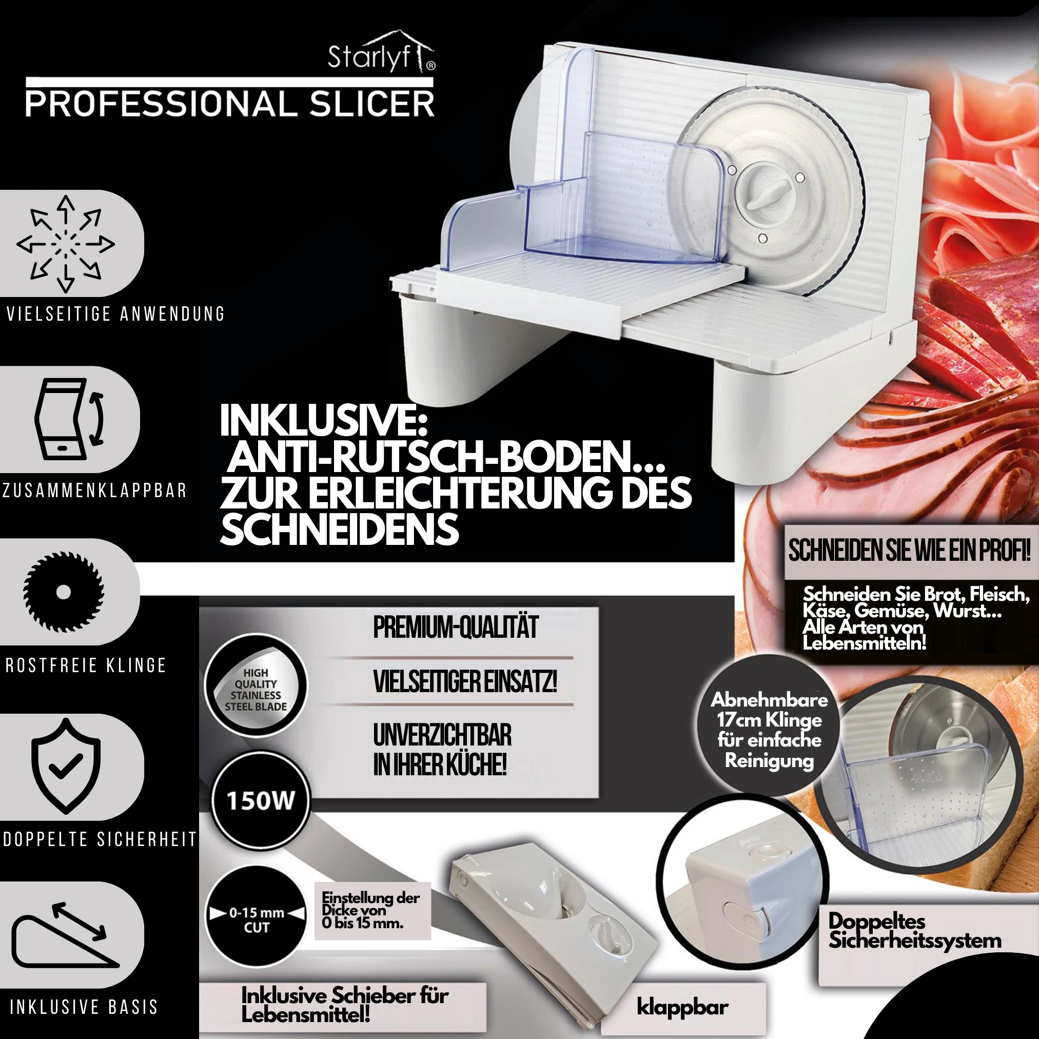 Starlyf® Kunststoff Allesschneider, klappbar - elektrisch Professional Slicer