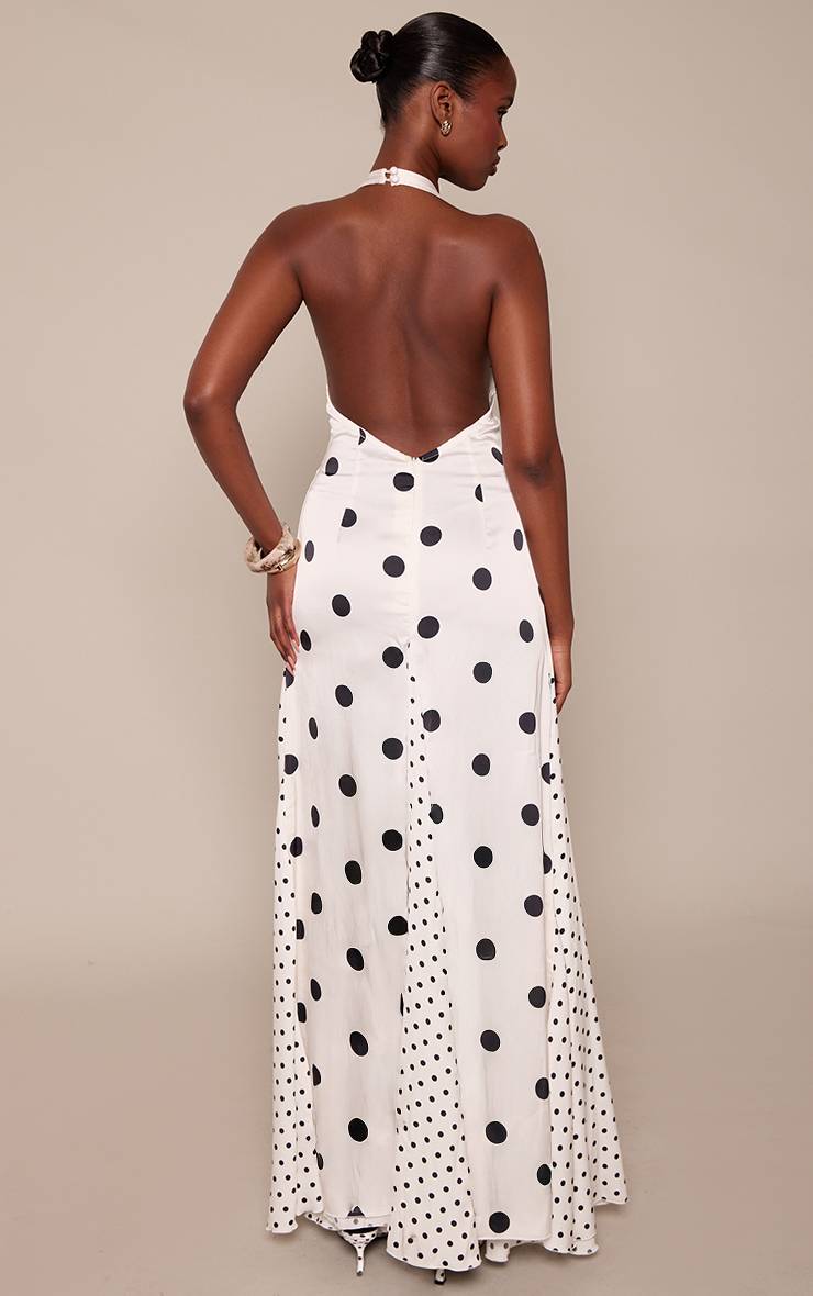 Blanc Robe Longue À Col Licou Et Pois Contrastés