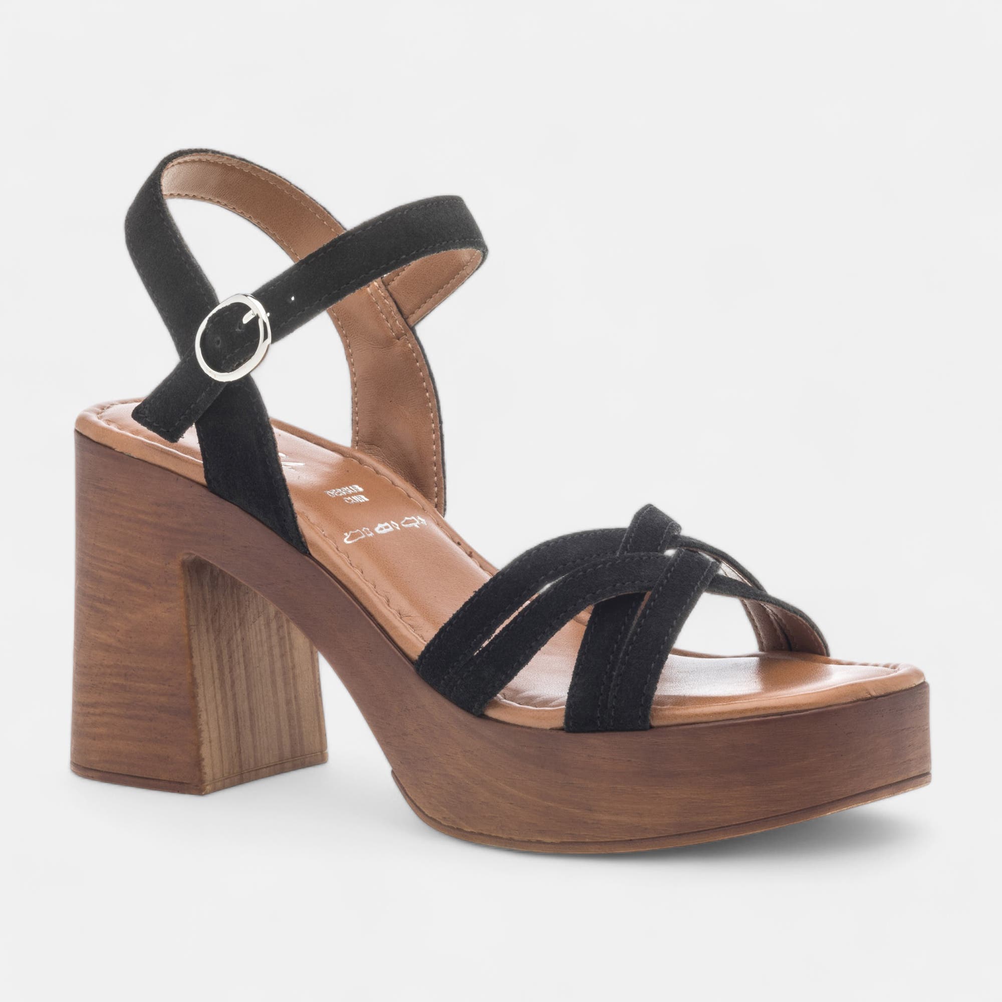 Chaussures semelle bois à talon Femme en cuir noir