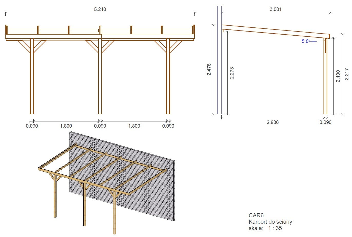 Carport garagedak 3x5,24 m - 15 m2 - gemonteerd op de huismuur
