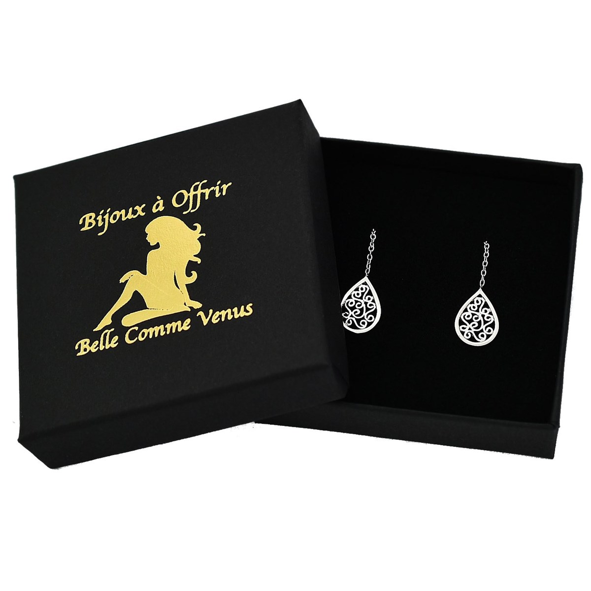 Boucles d'oreilles traversantes goutte arabesque tombante avec chaînette Argent 925 Rhodié