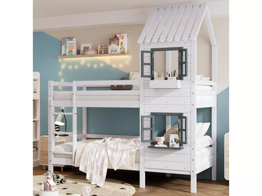 KOMHTOM Lit Superposé, 90x200cm Lit de Maison avec Clôtures et Échelle à Main Courante, Lit Cabane en Bois avec Sommier à Lattes, Cadre de Lit(sans Matelas)