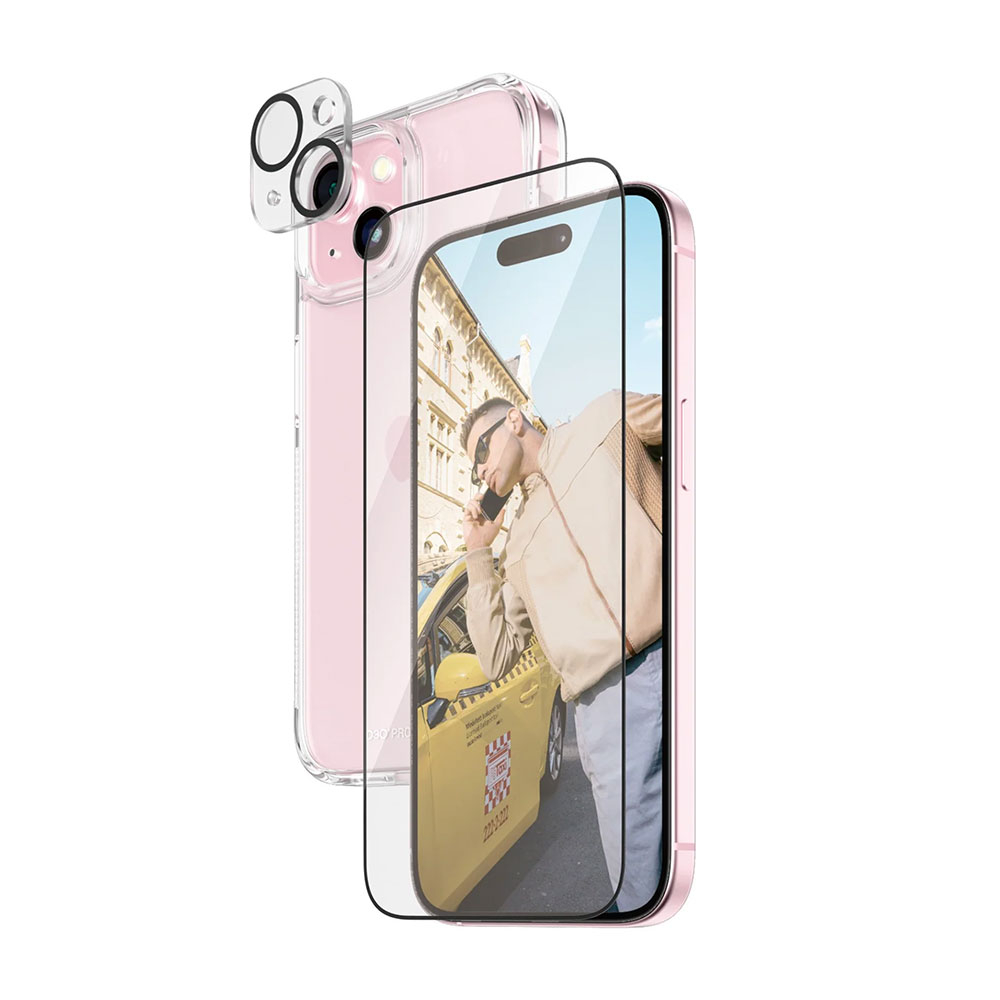 iPhone 15 3in1 D30 Hardcase Schutzhülle mit Ultra Wide Fit Display- / Hoops Kameraschutz (B1172 2809) - Transparent