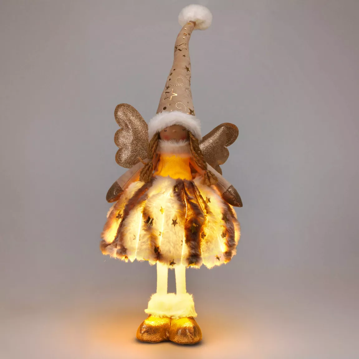 Ange de Noël lumineux à piles (H50 cm) Gladys fourrure Doré