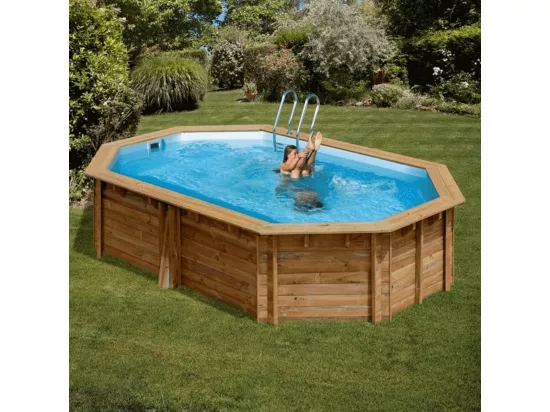 WATERCLIP - Piscine bois FSC octogonale 541 x 350 cm - 12m2 - Autoclave IV - Liner 70/100 - Rainurée languette + Filtration 8m3/h + Echelle - EMEO