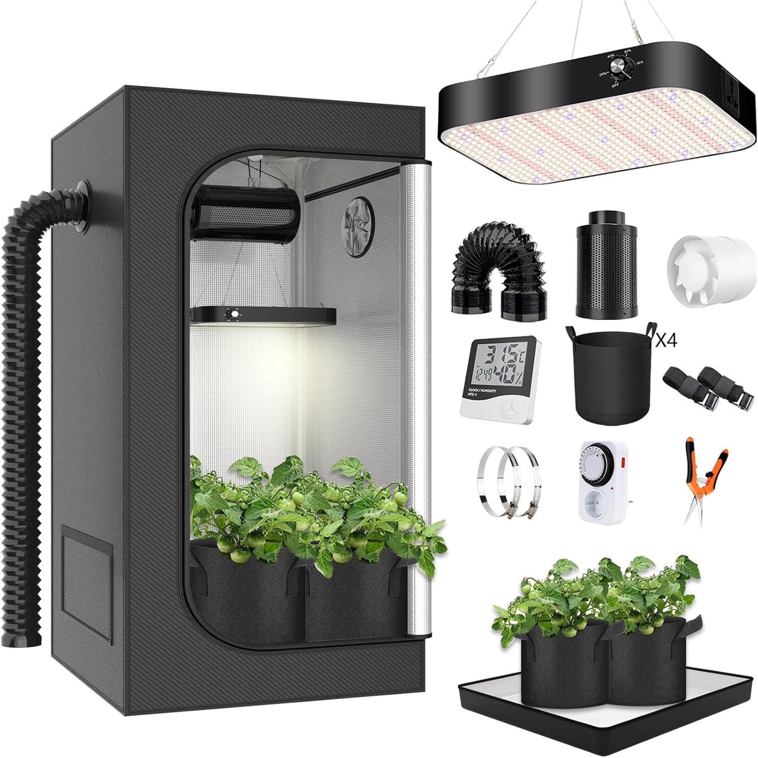 Growzelt Komplettset 80x80x180cm Grow Tent Kit mit 200W LED Vollspektrum Grow Lampe Dimmbar, GrowZelt Kit Komplettes Hydroponics Grow Tent Complete Set