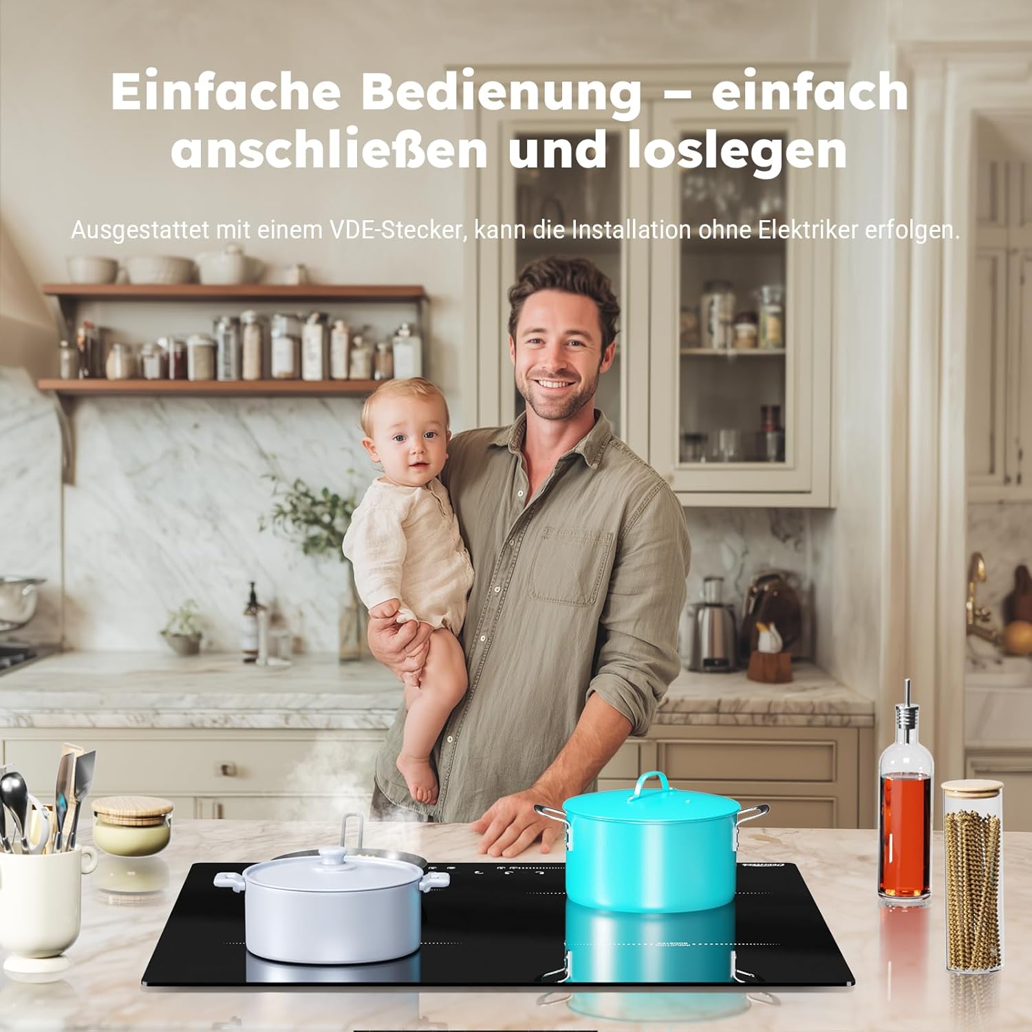 COVERCOOK Stecker und Induktionskochfeld 60 cm,4 Zonen Induktion Herdplatte, Touch-Bedienung Kochfelder Induktionsplatte,Power Booster, 13A 2800W