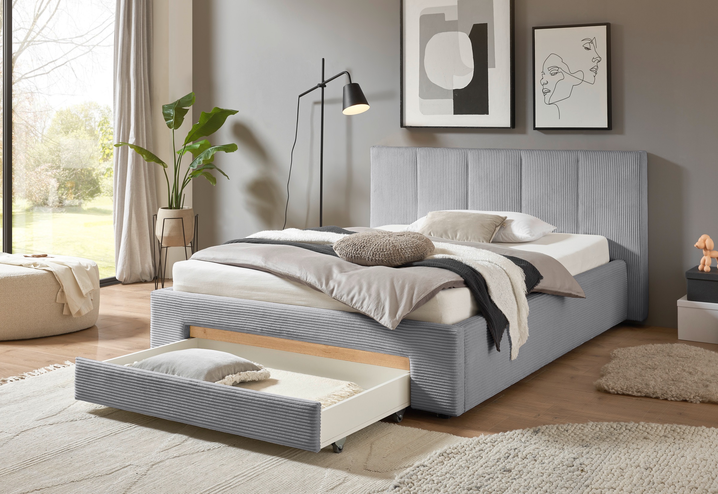 INOSIGN Polsterbett »CiTY/GiRON, Bettgestell mit Bettkasten, gepolstertes Stauraumbett« mit Hundebett oder Stauraumschublade, Bezug Cord-oder Leinenoptik