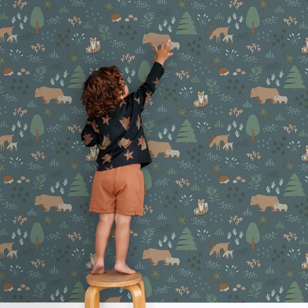 Estahome Bos Met Bosdieren Behang II - 0,53 x 10,05 m - Vergrijsd Blauw