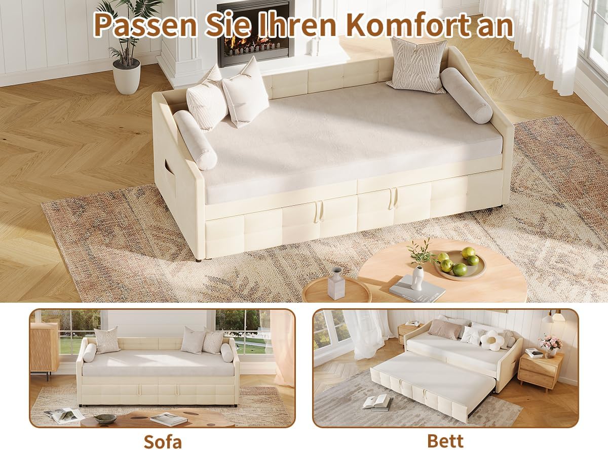 Schlafcouch Ausziehbar, Tagesbett Ausziehbar, Ausziehbett, Schlafcouch 180x200, Flanell, 90/180 x 200 cm, ohne Matratze (Creme)