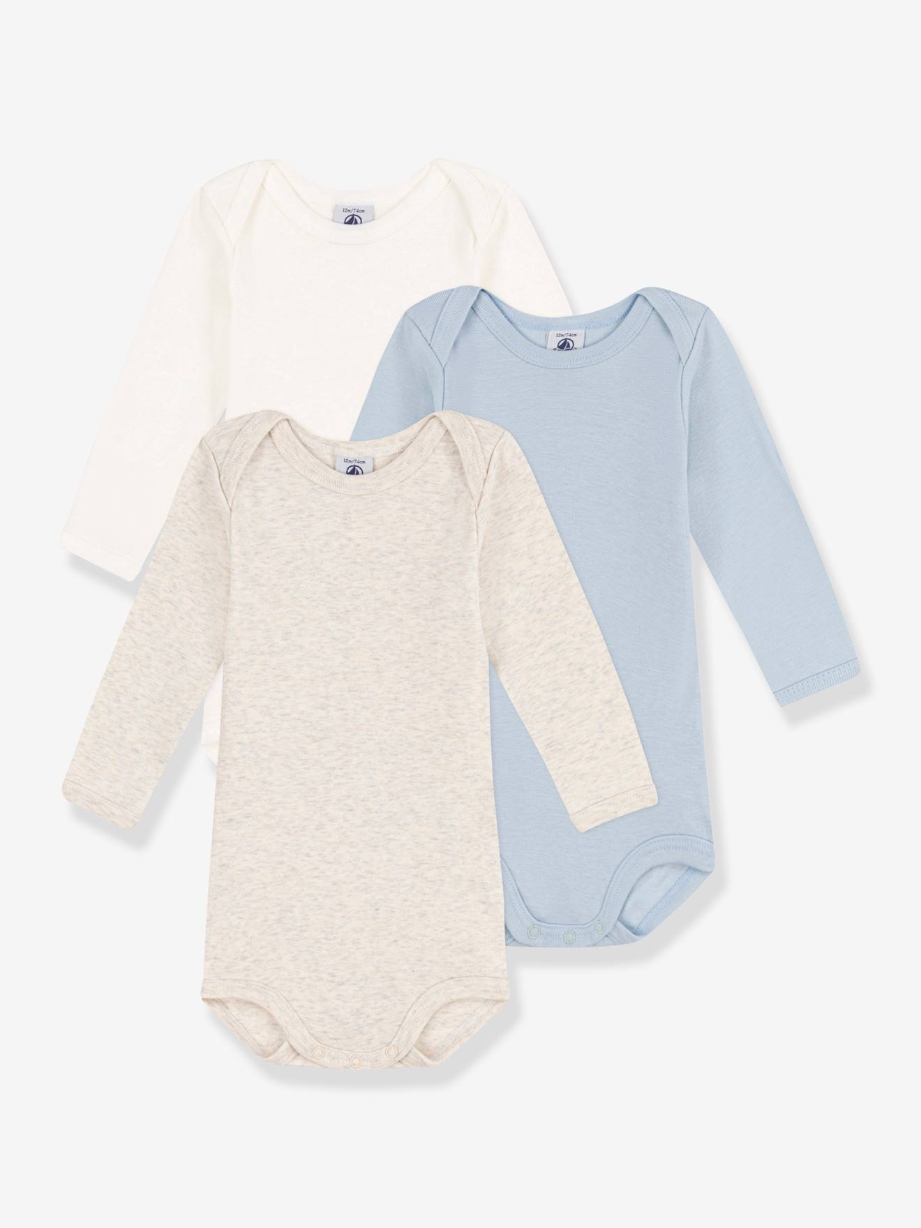 Conjunto de 3 bodies de manga comprida PETIT BATEAU em algodão orgânico, brancos.