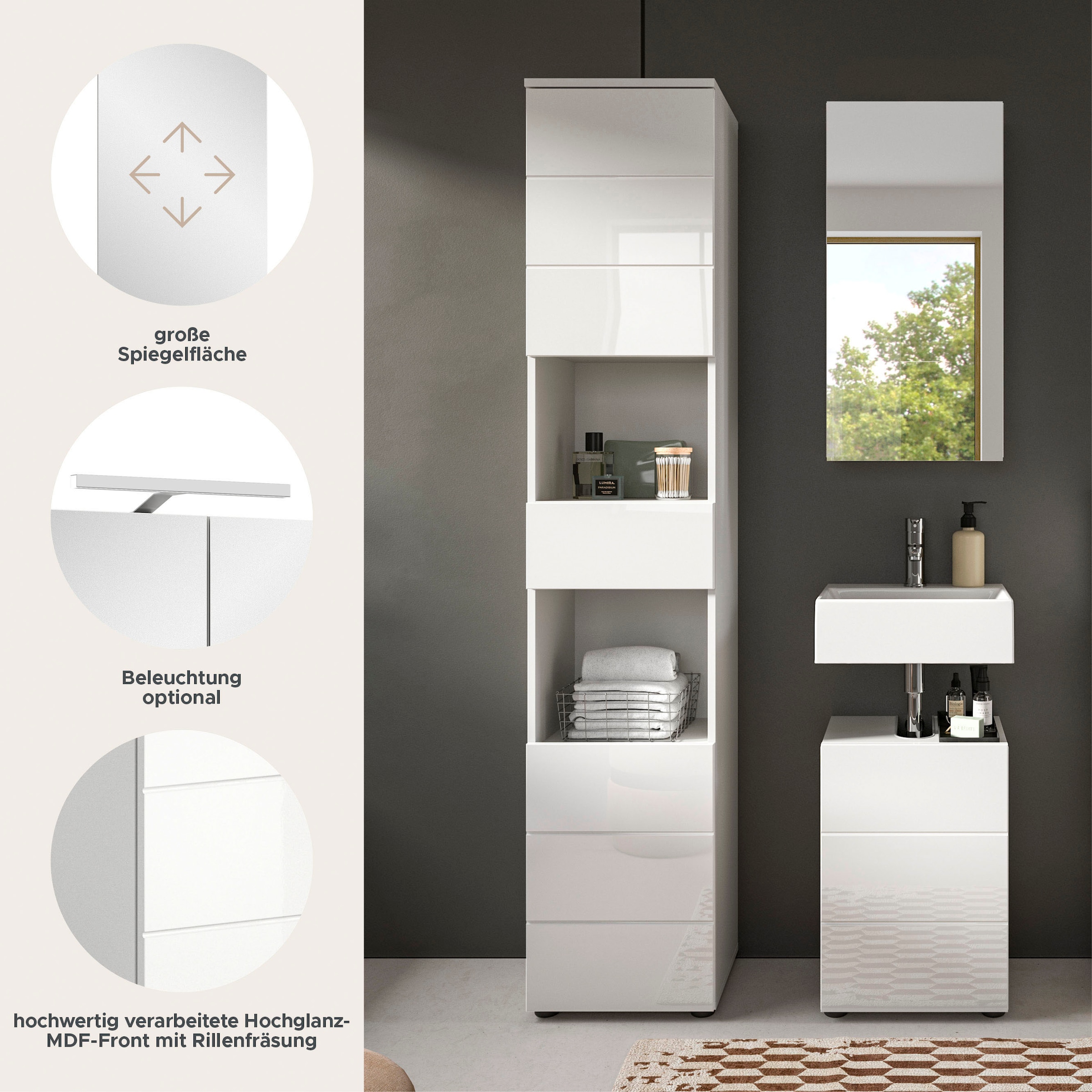 welltime Badmöbel-Set »Biel, Höhe 190 cm, Hochschrank, Unterschrank, Spiegelschrank« 3 Stk. tlg.