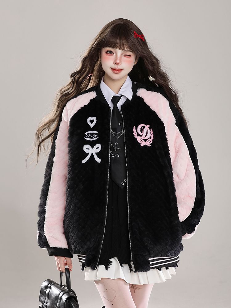 Hazie - Fleece baseballjack met geborduurde letters en rits
