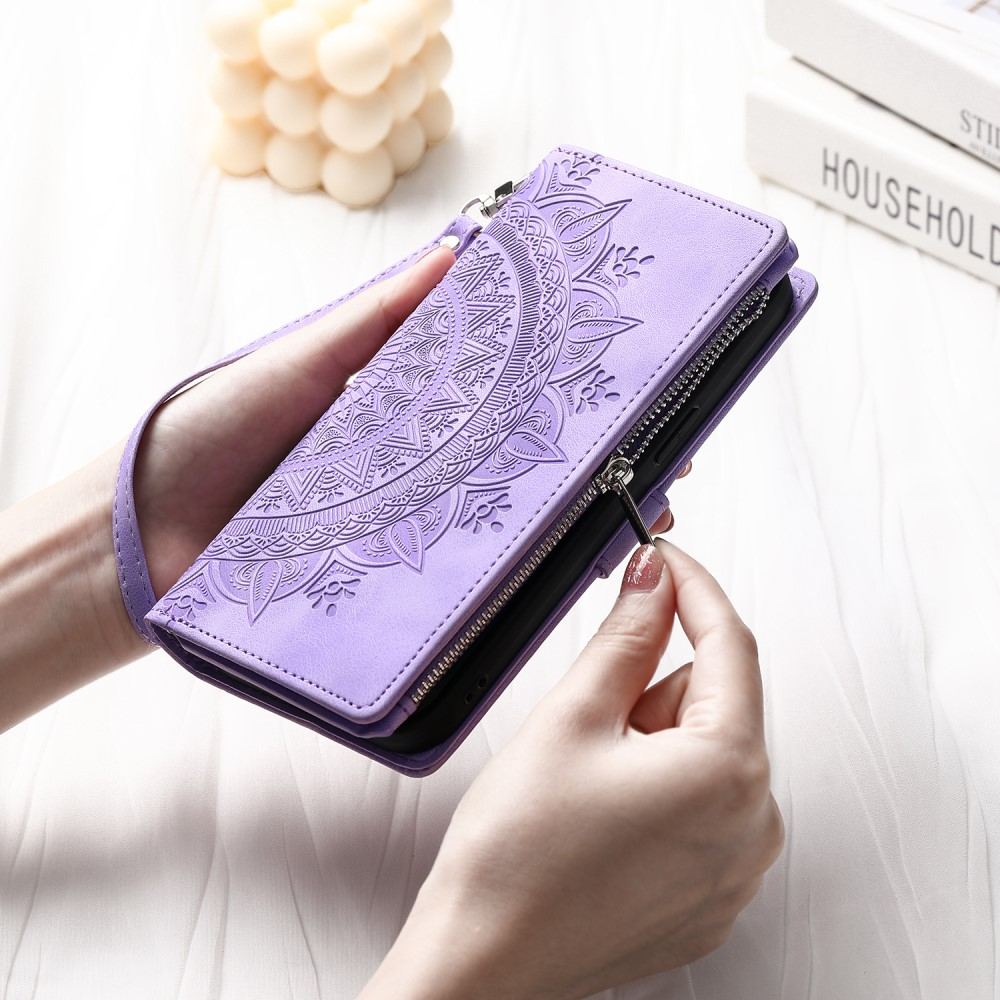 Samsung Galaxy A54 5G Leder Tasche Flip Cover mit Reissverschluss - Mandala Flowers Imprint - Lila