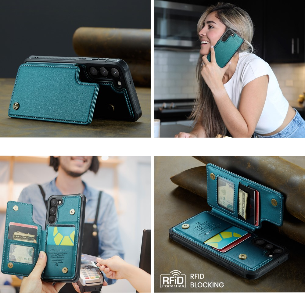 Samsung Galaxy S23 5G Leder Hülle mit Kartenfächern im Litchi Look   Kickstand (RFID Schutz) - Grün