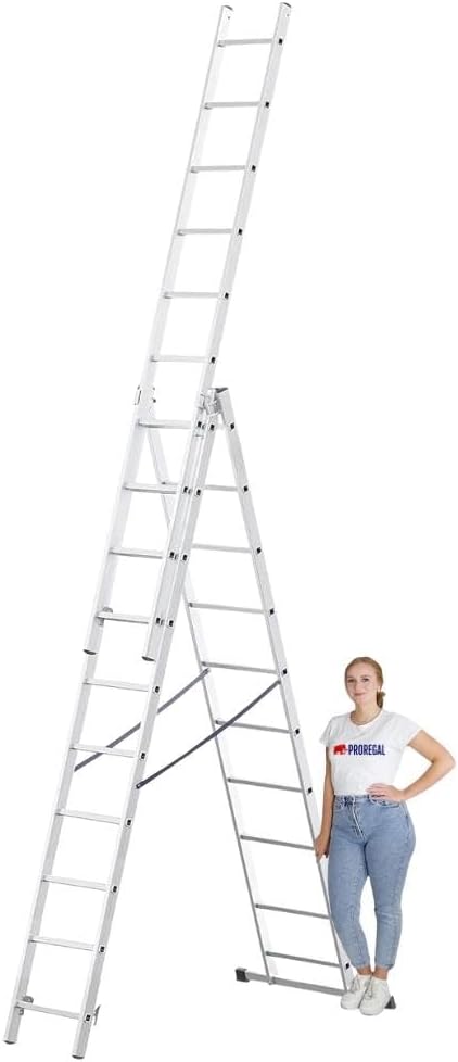 PROREGAL Economy Basic 3-delige multifunctionele ladder met dwarsbalk, 3 x 10 sporten, werkhoogte 5,72 m, draagvermogen 150 kg