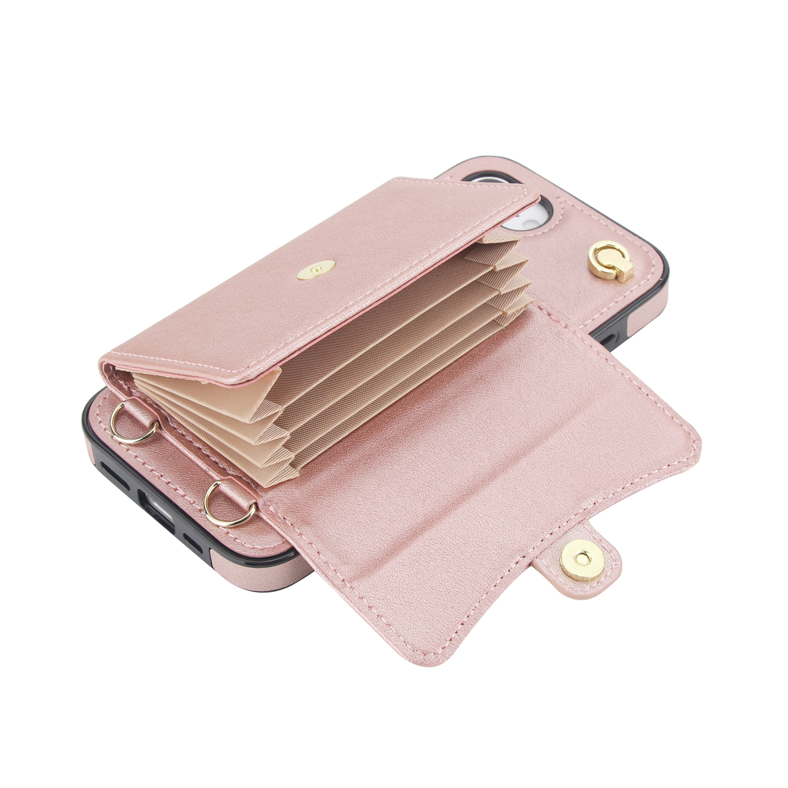 iPhone 16e Necklace Leder Schutz Hülle mit Kartenfach   Handykette (140cm) - Roségold