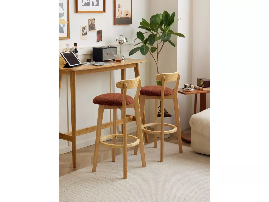 Lot de 2 tabourets de bar en Hévéa et bouclettes terracotta