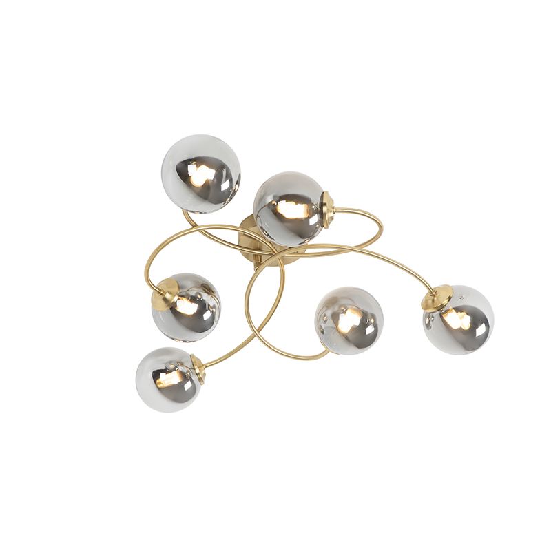 Moderne plafondlamp goud 6-lichts met smoke glas - Athens