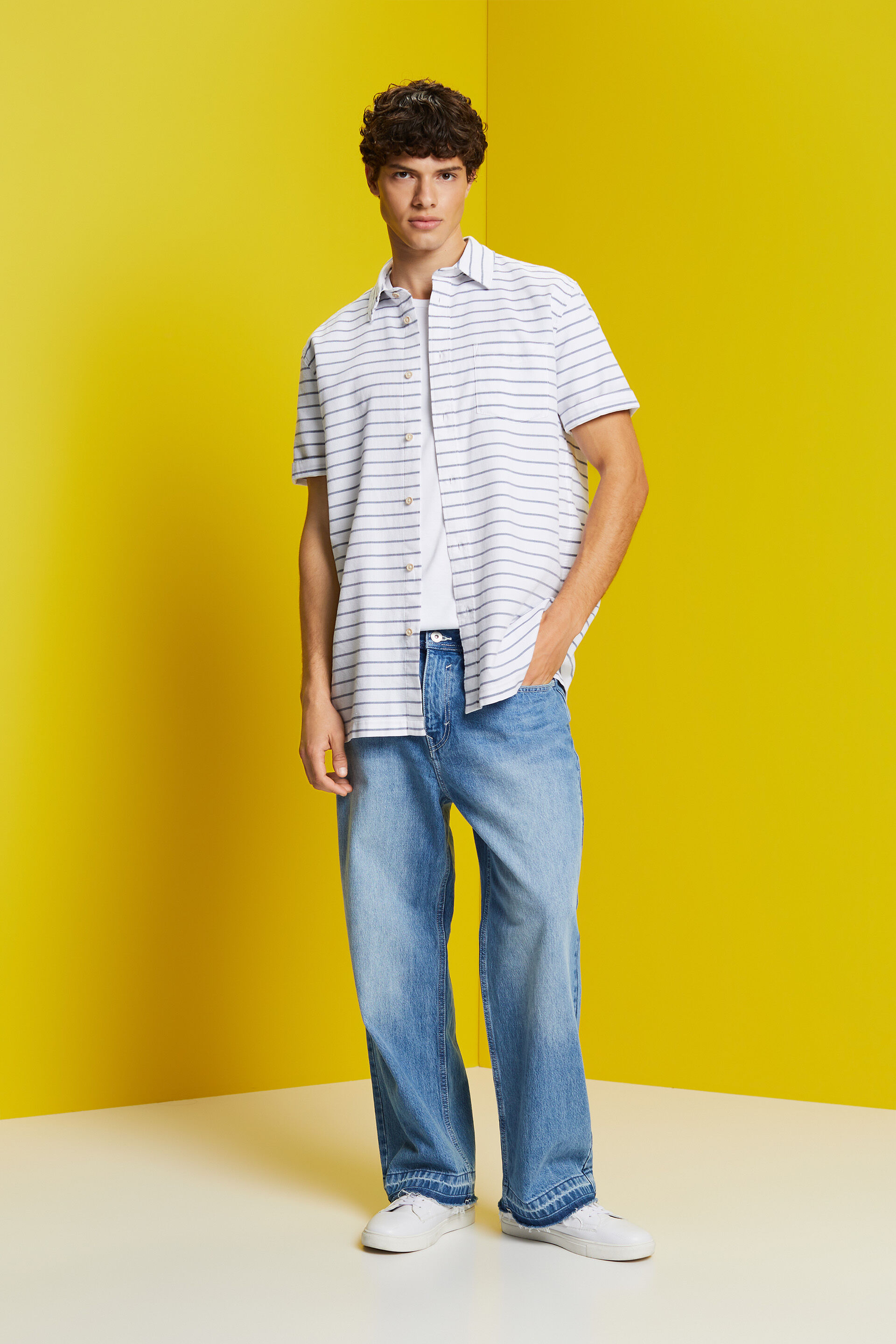 Chemise rayée en maille piquée gaufrée, 100 % coton