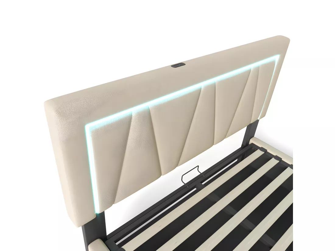 Lit coffre rembourré 160x200cm avec LED et Port de charge USB et Type-C - Tissu en Lin - sommier à lattes - Beige
