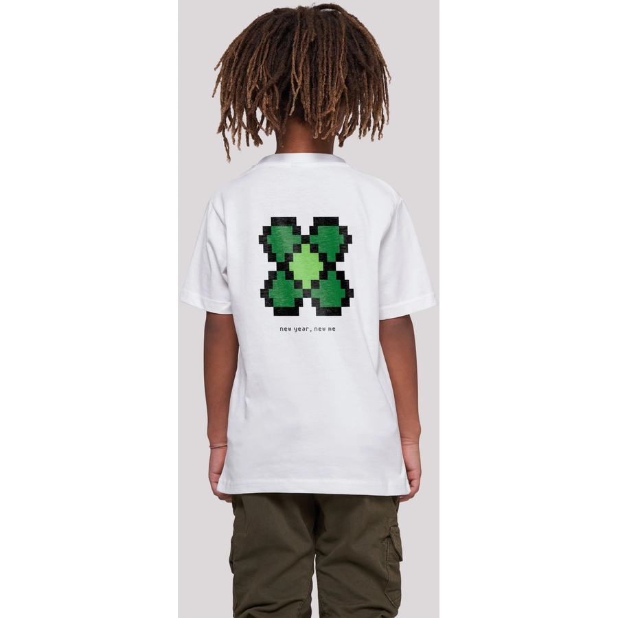 F4NT4STIC T-Shirt Silvester Happy New Year Pixel Kleeblatt weiß