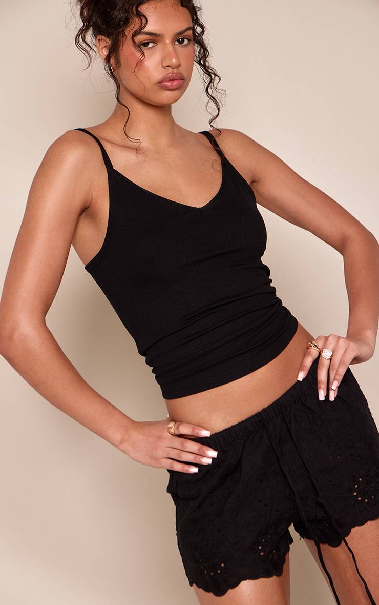 Noir Short En Coton Broderie Anglaise Avec Cordon De Serrage