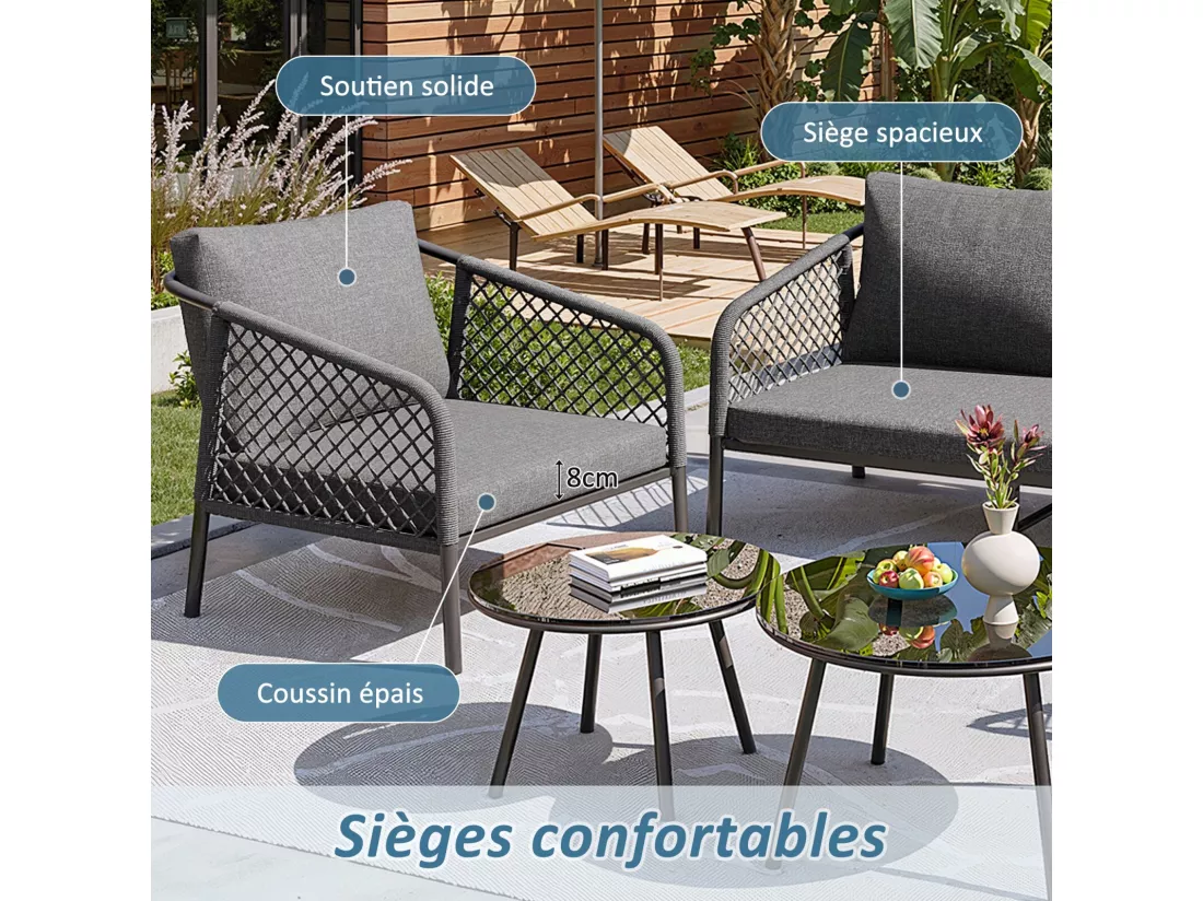 Salon de jardin ergonomique, un canapé 2 places + 2 fauteuils + tables gigognes en verre, avec coussins gris