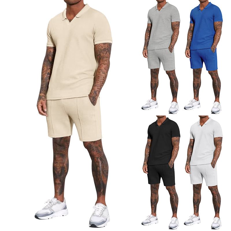 Dubbel Wit - Set: Effen top met korte mouwen en kraag + shorts