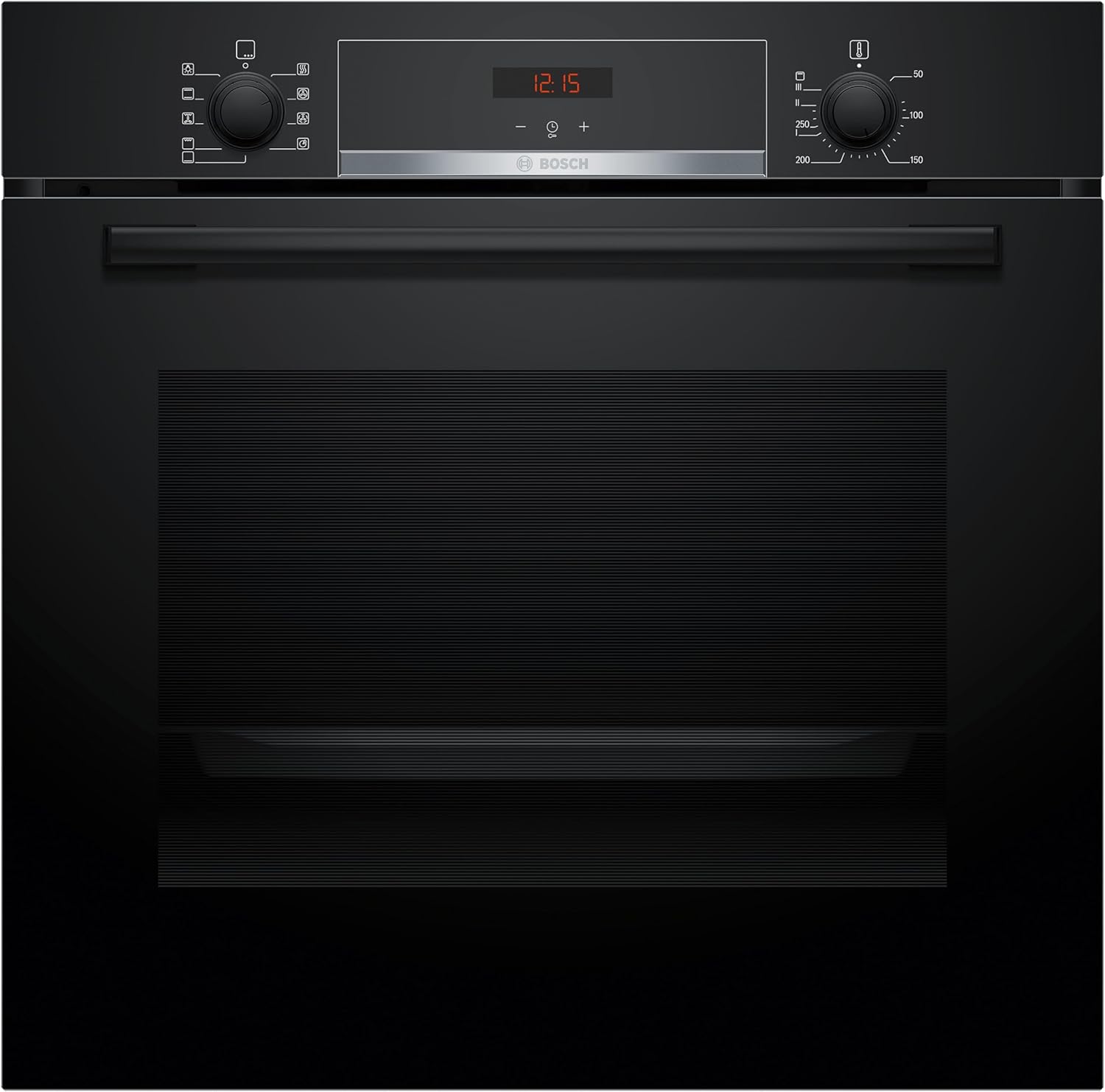 Bosch HBA514BB3, Serie 4, Einbau-Backofen 60 x 60 cm, LED-Display-Steuerung, Hydrolytische Reinigungshilfe, 3D-Heißluft für gleichmäßiges Backen auf 3 Ebenen, Schnellaufheizung, Schwarz