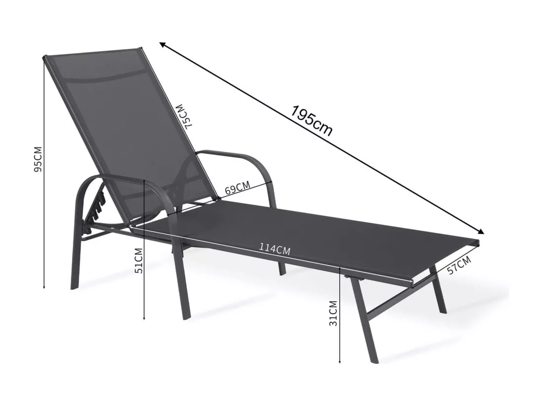 Chaise Longue Rebecca Mobili Oriri 95x195x69 Acier Polyester Gris Foncé Noir Moderne