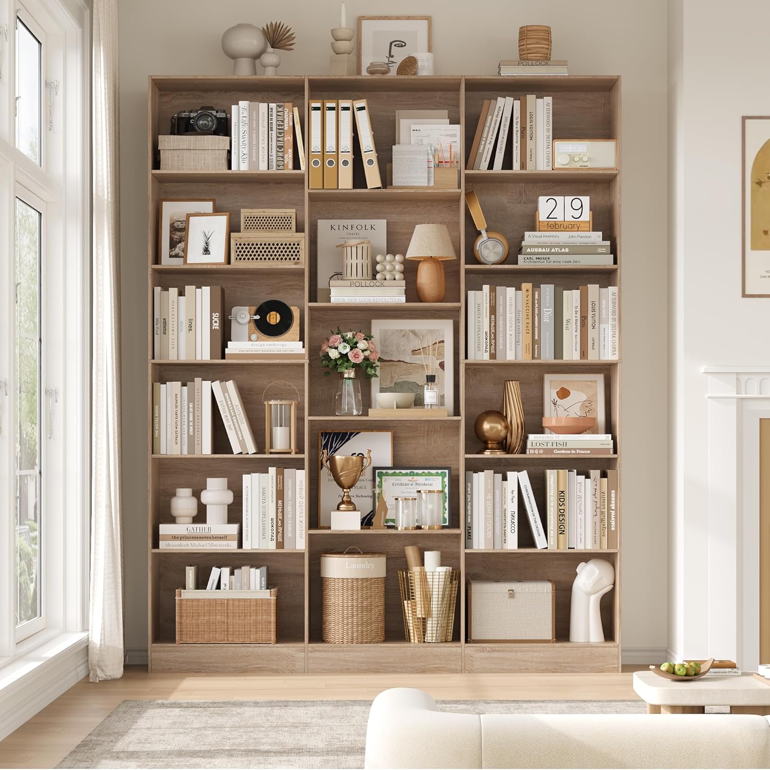 FirFurd Bücherregal 188 cm, Regal mit 17 Fächern, Bücherschrank, Standregal, Aufbewahrungsregal, für Wohnzimmer Büro Arbeitszimmer, 149 x 23,5 x 188 cm, Eiche
