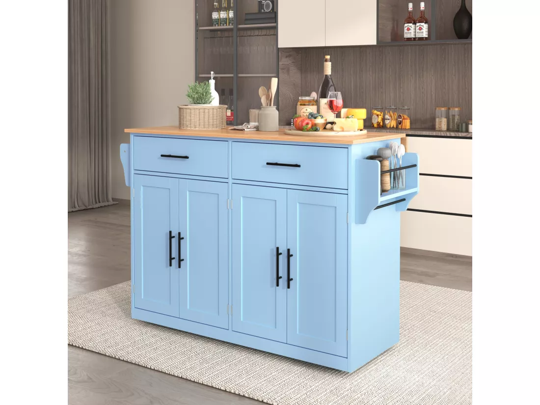 Ilot central de cuisine mobile avec 4 portes et 2 tiroirs - Plateau extensible - 120x46(70)x91 cm - Bois MDF - Bleu et naturel