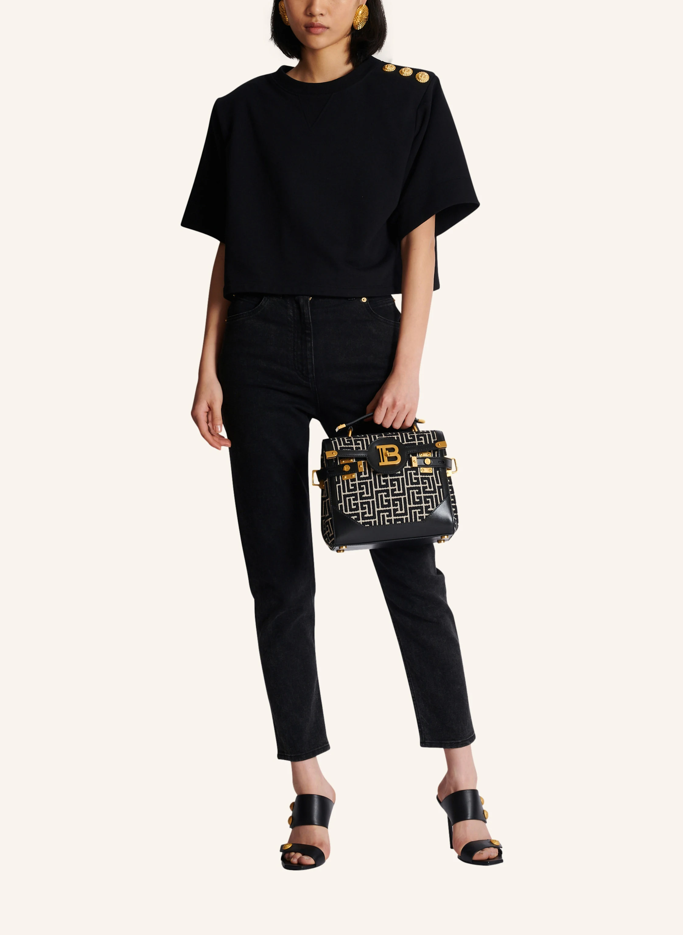 BALMAIN Zweifarbige B-Buzz 23 Tasche aus Jacquard mit Ledereinsatz