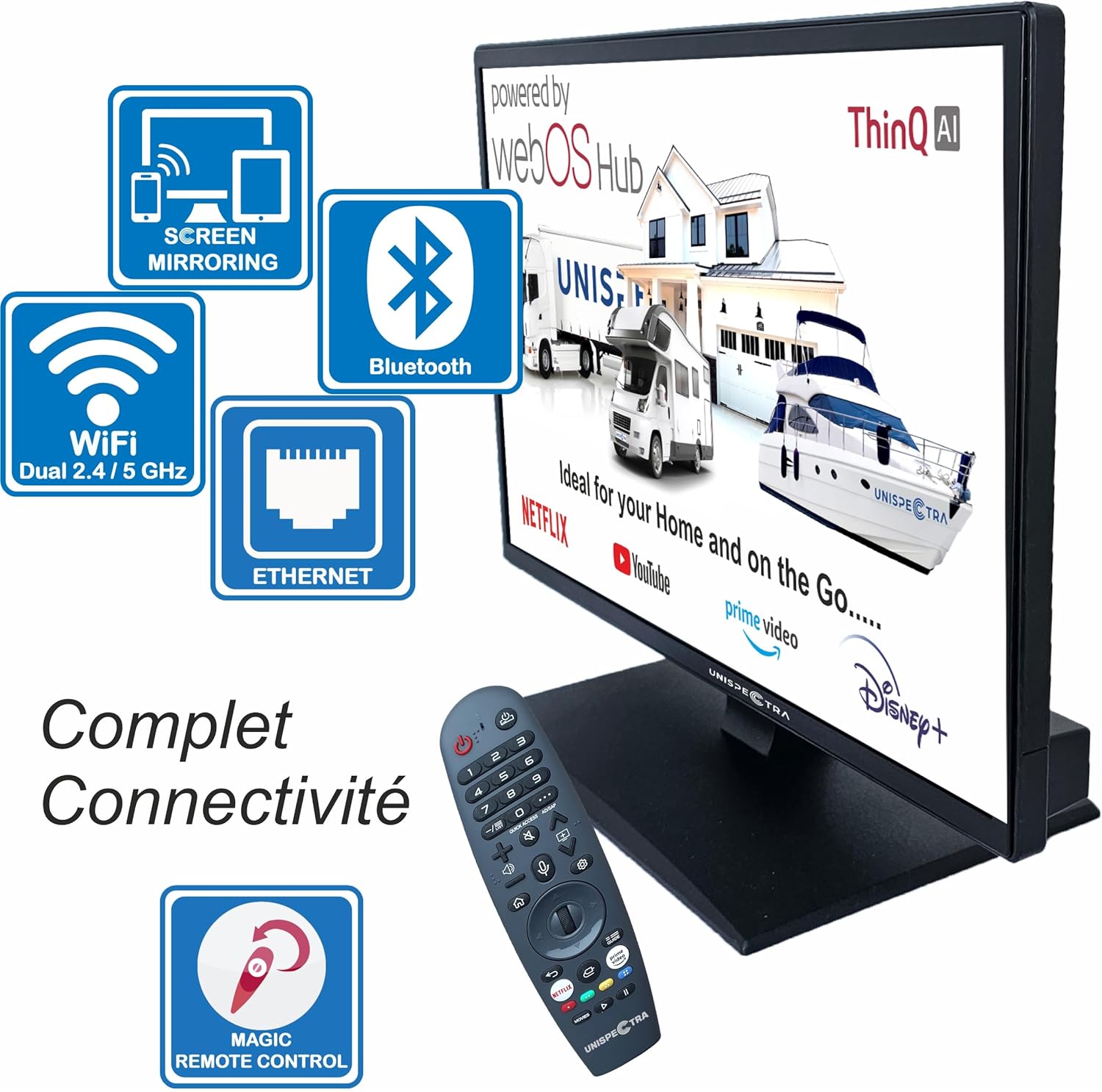 Unispectra ® 19” Smart TV (webOS) avec Télécommande Magique 12v HDR 230v 24v TV TNT et Tuner Sat 3xHDMI 2xUSB. Téléviseurs 12V pour Camping-Cars, caravanes, fourgonnettes, Bateaux