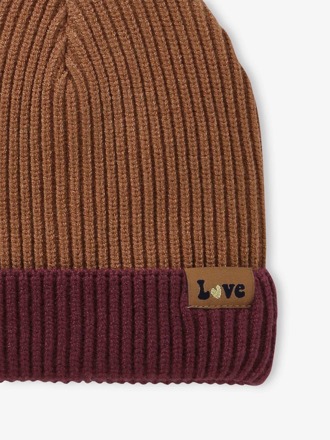 Gorro de malha canelada bicolor para meninas, cor canela.