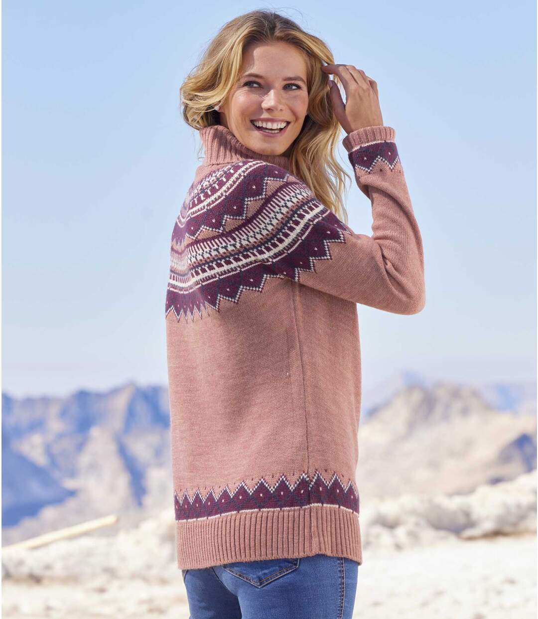 Pull Tricot à Col Roulé Motifs Jacquard