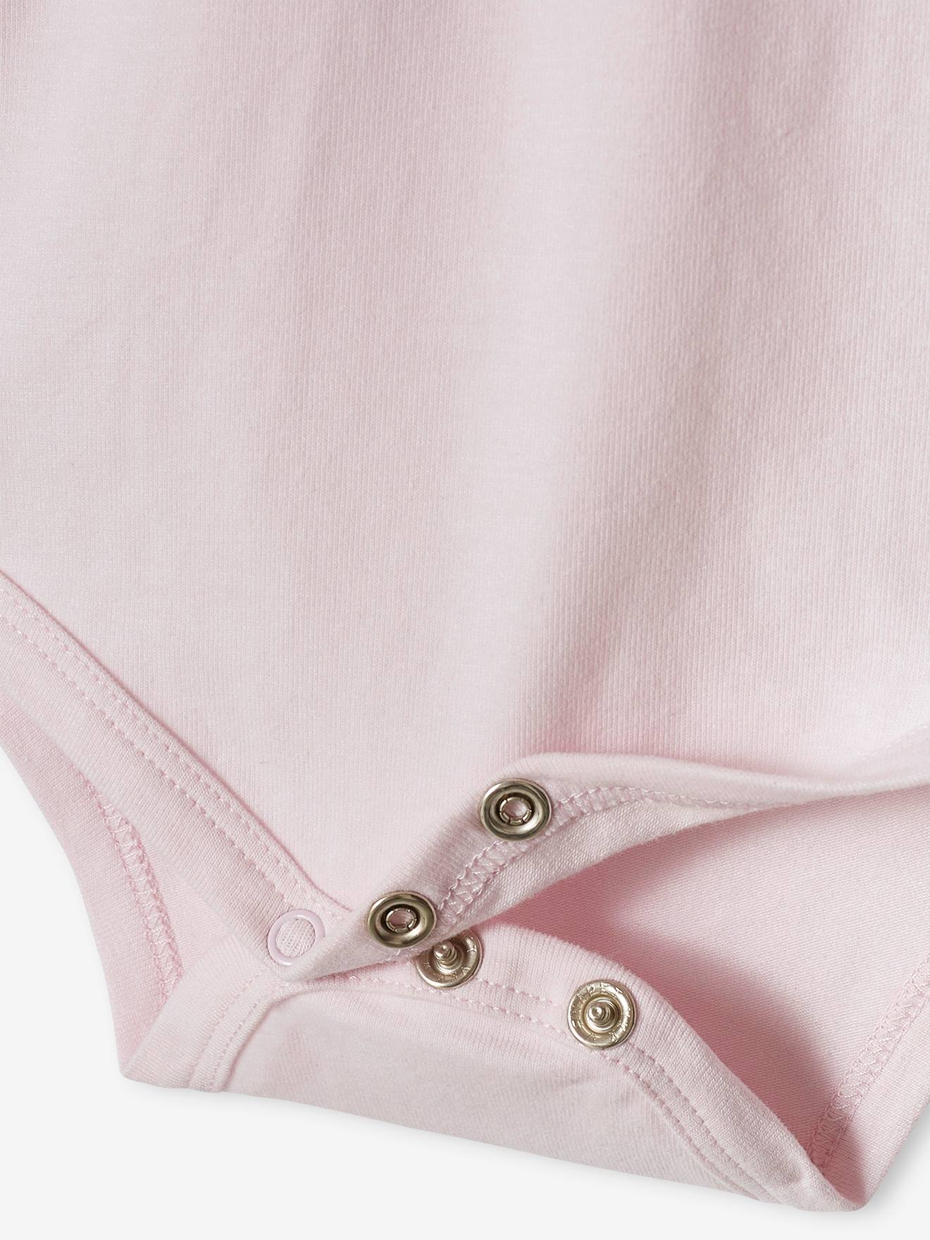 Conjunto de 2 bodies de manga curta para bebê com gola fantasia lilás claro.