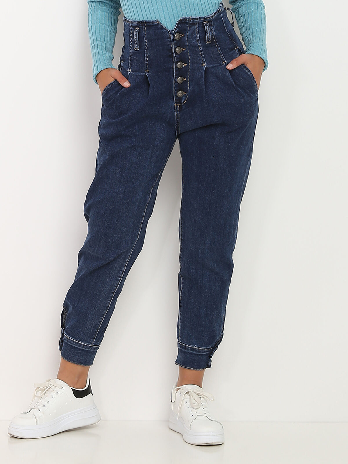 Jeans mom à détails corset- Bleu