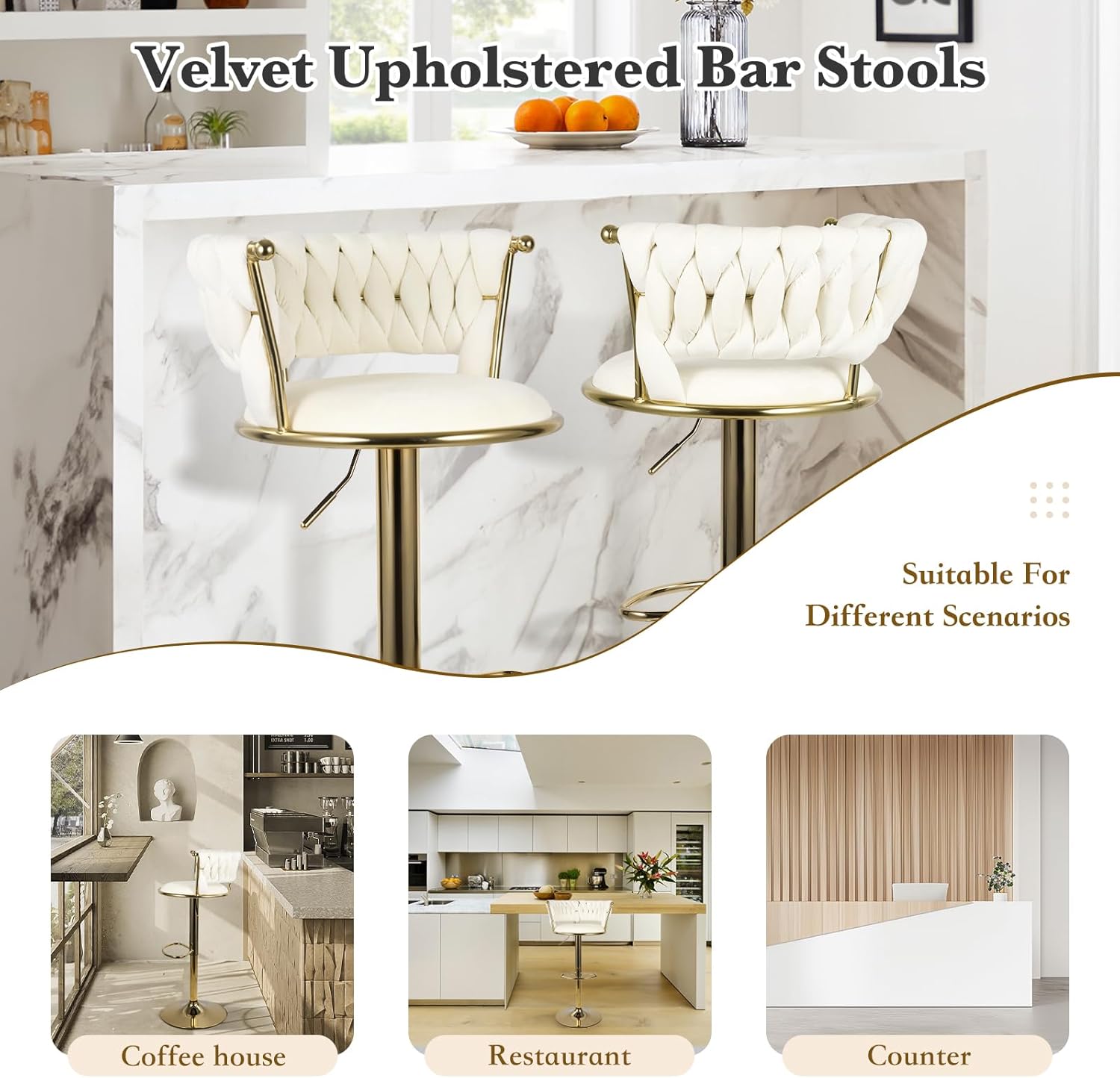 Aivermeil Barhocker 2er Set | Höhenverstellbar Barstuhl mit Metallrahmen • Ergonomisch Küchenhocker mit geflochtener Rückenlehne für Küche/Hausbar • Gold/Beige