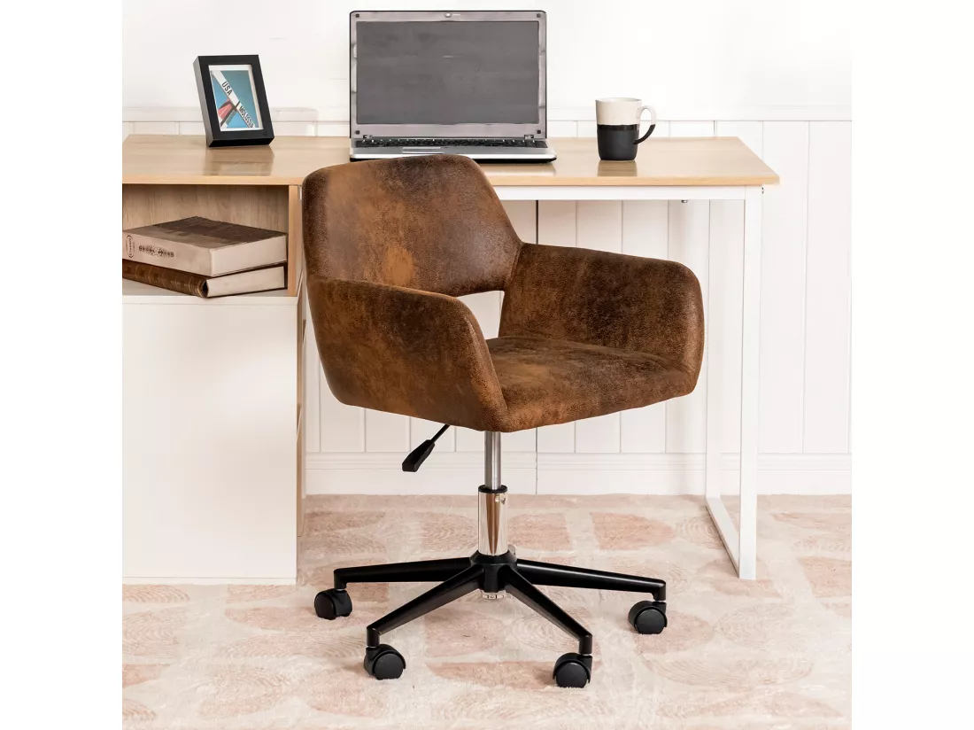 Chaise de bureau rétro-daim-hauteur réglable-avec roulettes-convient au coin bureau, chambre à coucher-marron