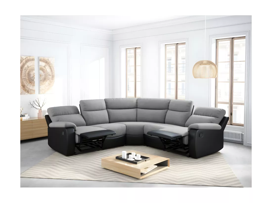 Canapé d'Angle de Relaxation Oscar 5 places bi-matière - Gris/Noir - L238 x P238 x H99cm - Loungitude