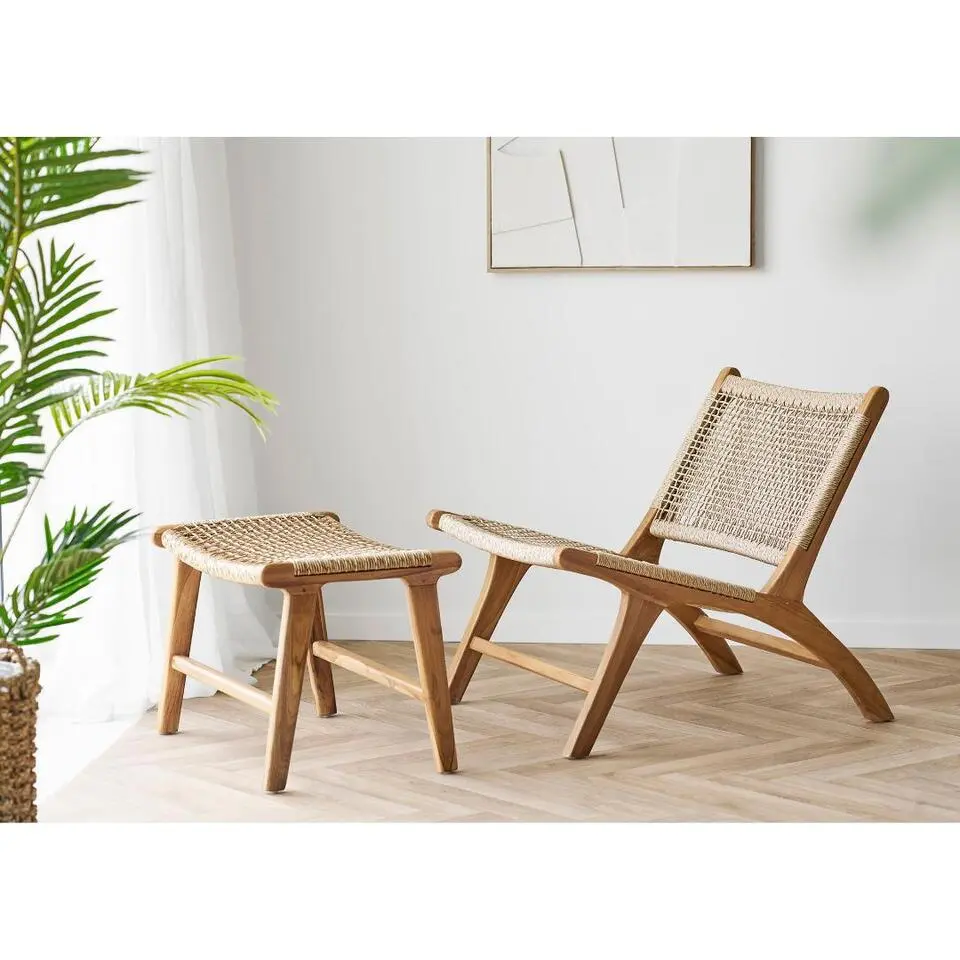 Hioshop Derby fauteuil met voetenbank teak