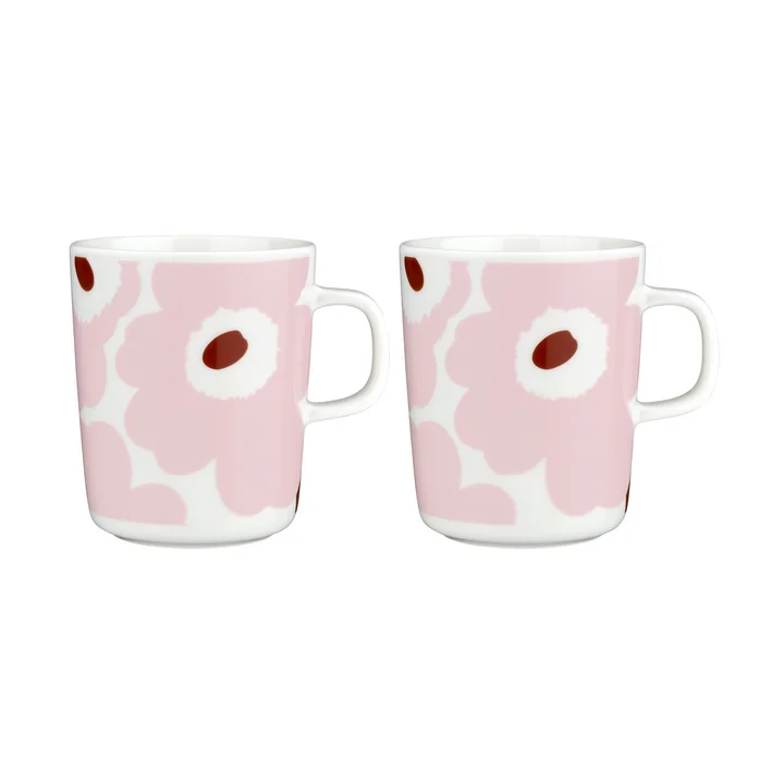 Marimekko - Oiva Juhla Unikko Becher mit Henkel, 250 ml, weiss / rosa / kastanie (2er-Set)