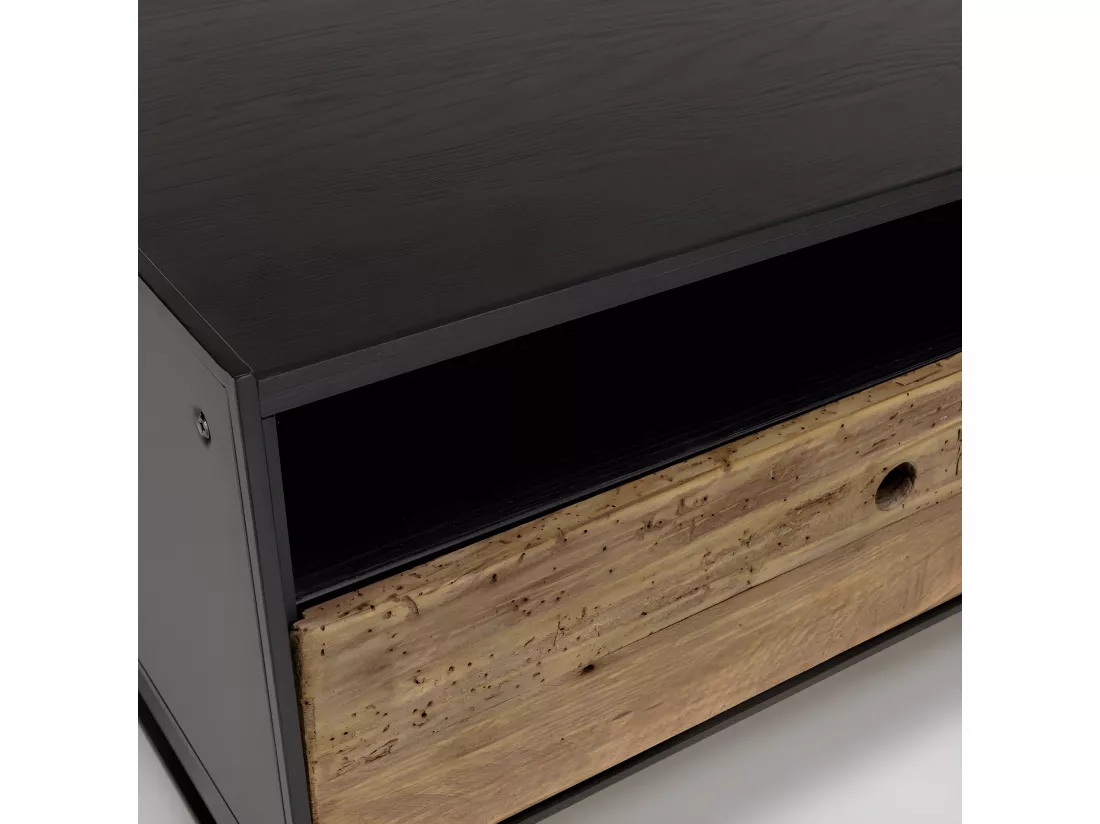 ANDREA - Table basse noire 80x80cm 1 tiroir bois Pin recyclé et métal