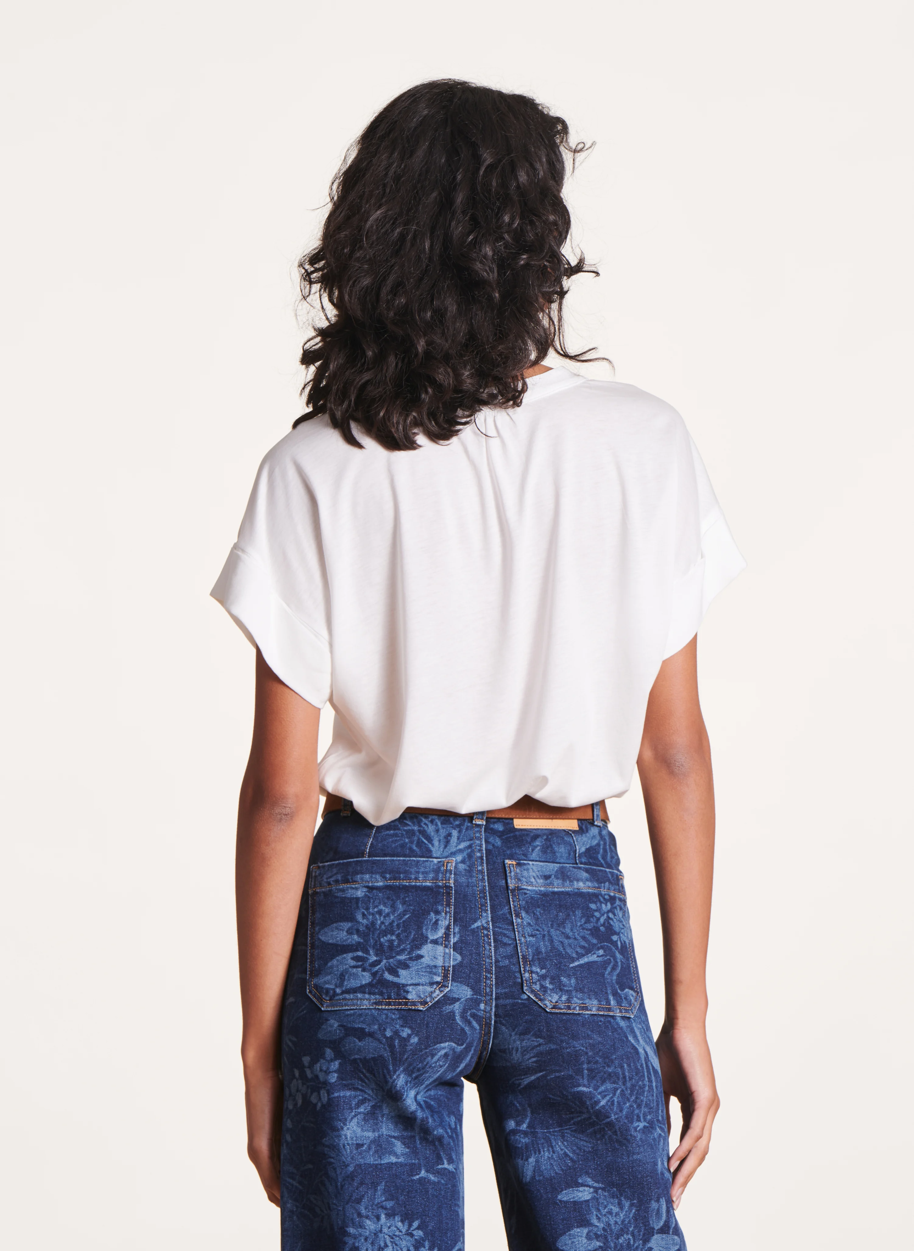 Tee-shirt ample col V bi-matières | Blanc