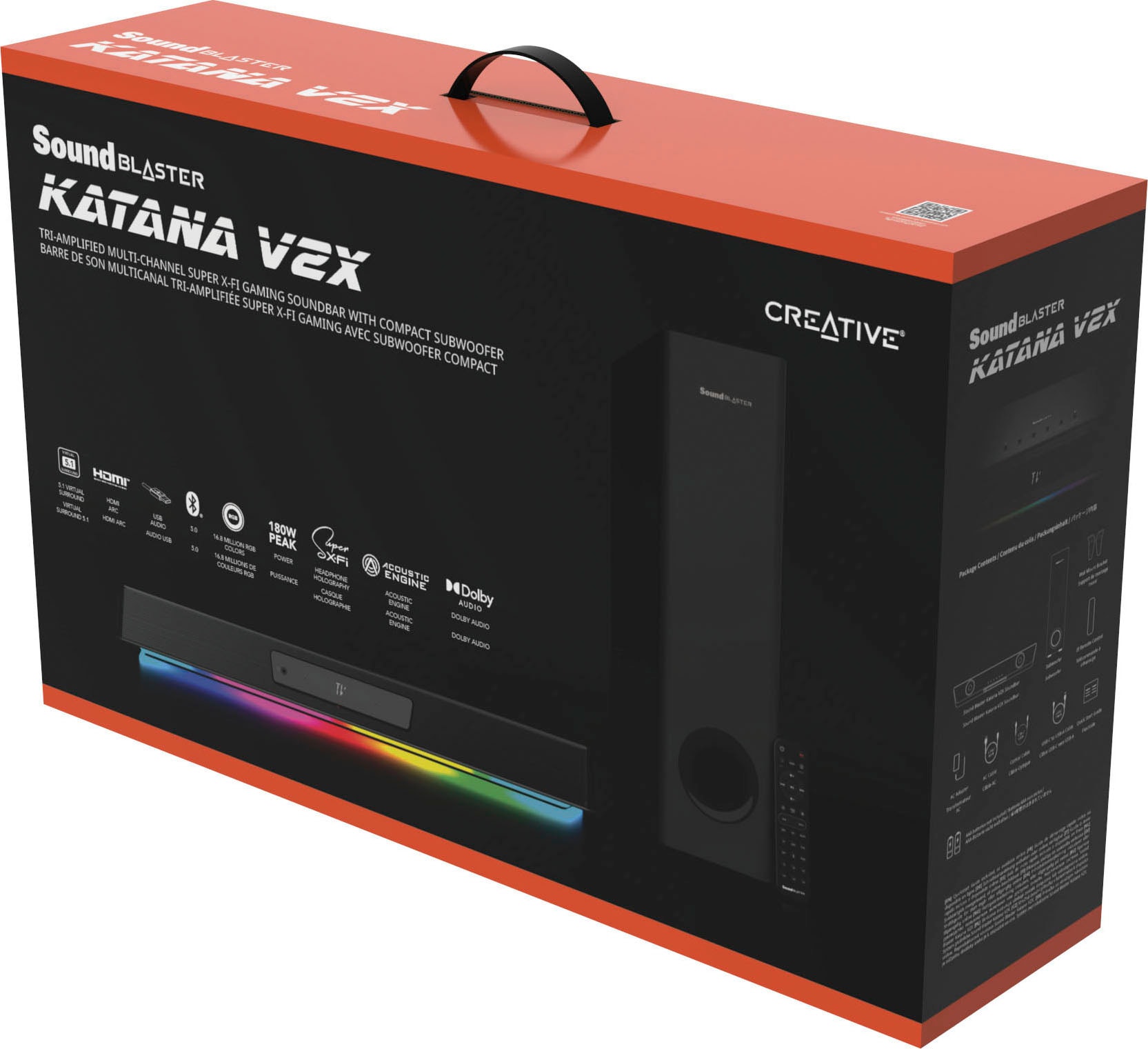 Creative Soundbar »Sound Blaster Katana V2X« 2.1 (A2DP Bluetooth | AVRCP Bluetooth | Bluetooth App-Steuerung | Bass- und Lautstärkeregelung | Beleuchtungseffekte | Equalizer | Steuerung per TV Fernbedienung | USB-Wiedergabe 90 W) Bluetooth